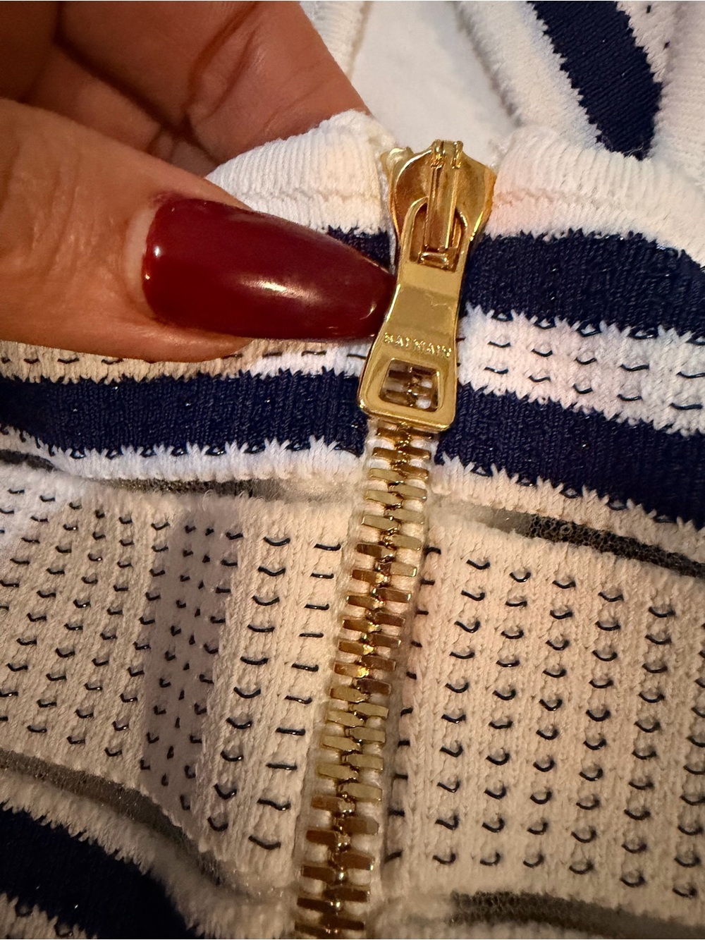 BALMAIN Striped Cross-Front Knit Crop Top - White & Navy GOLD ZIP Sz 34 36 - Picture 9 of 14